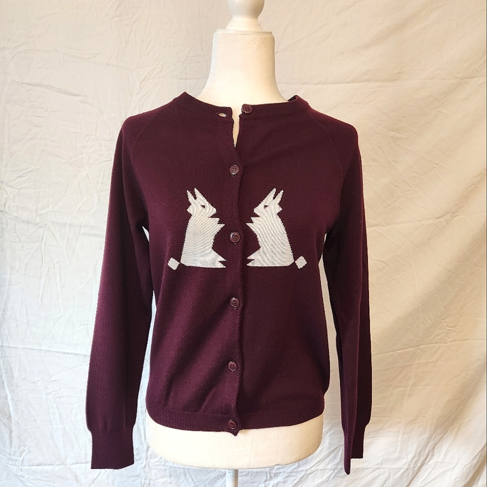 RARE Le Mont St. Michel Burgundy Wool Cardigan Size Small
